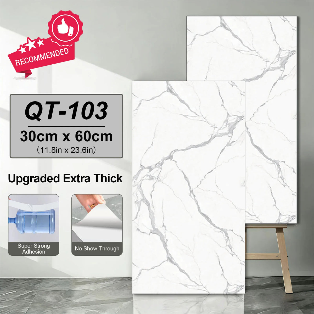 White marble-look self-adhesive tile stickers with light gray cracks, three-panel view