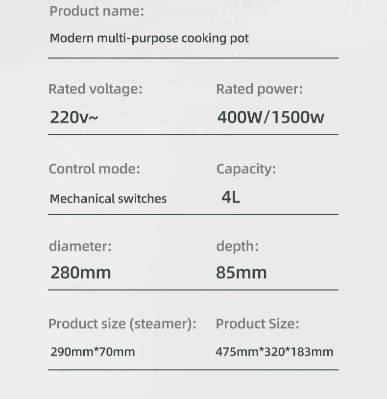 Electric frying pan cooking pot spec panel with 220V, 4L, 280mm diameter, 85mm depth