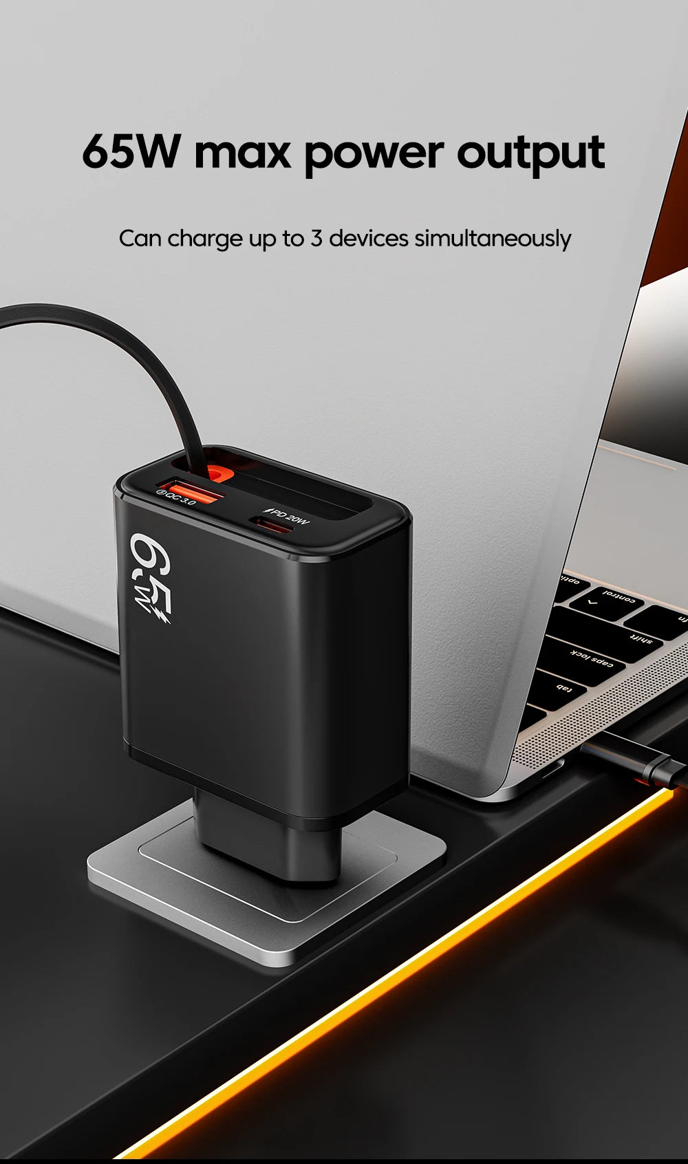 65W USB C Fast Charger with Retractable Cable - Tidesmit Tidesmit