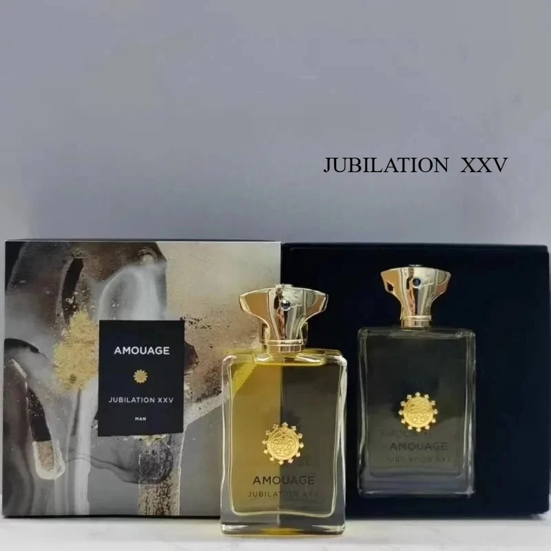 Amouage Jubilation XXV Man EDP, 100ml. Elegant rectangular glass bottle, gold cap, woody oriental fragrance for men.