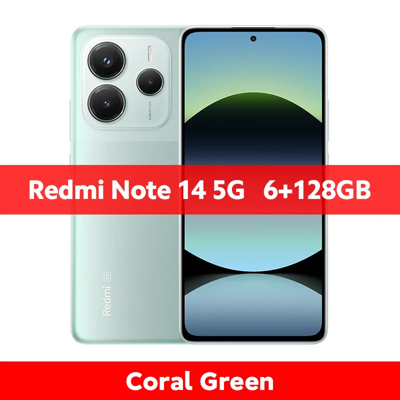 Xiaomi Redmi Note 14 5G Coral Green, 6/128GB, front and back view showing 108MP camera system.