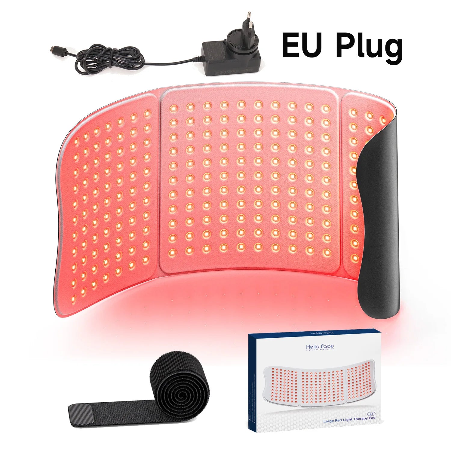 Large flexible red light therapy mat with many LED lights, power cord with EU plug, velcro strap, and product box.