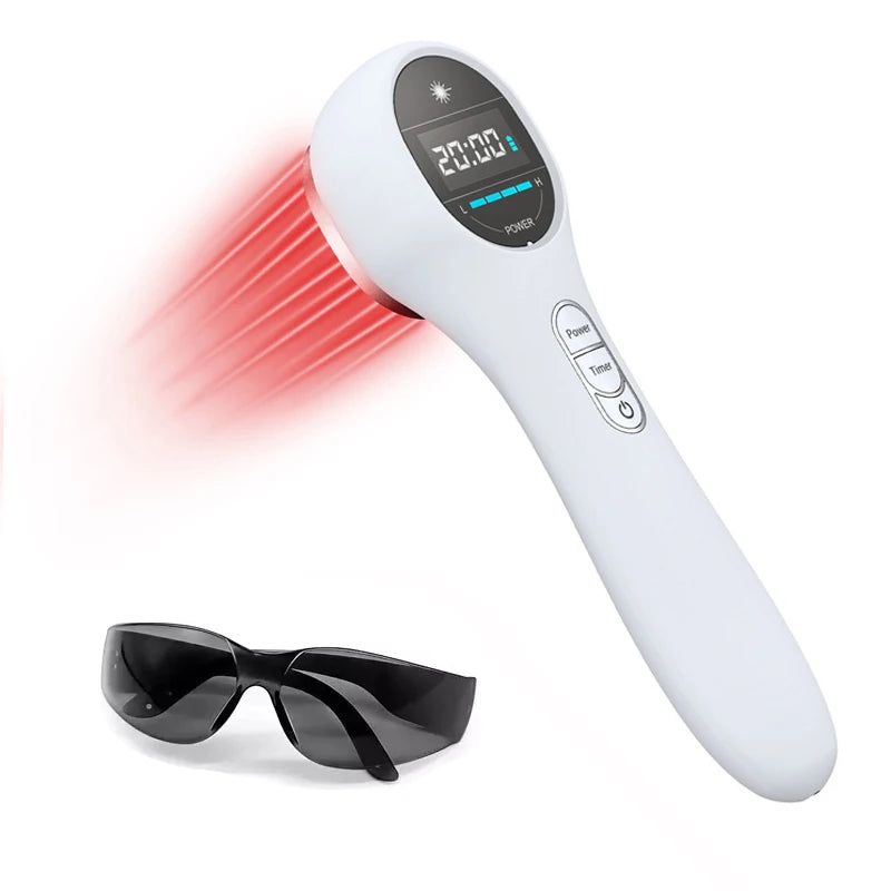 White handheld LLLT red light therapy device for pain relief with digital display, buttons, and protective goggles.