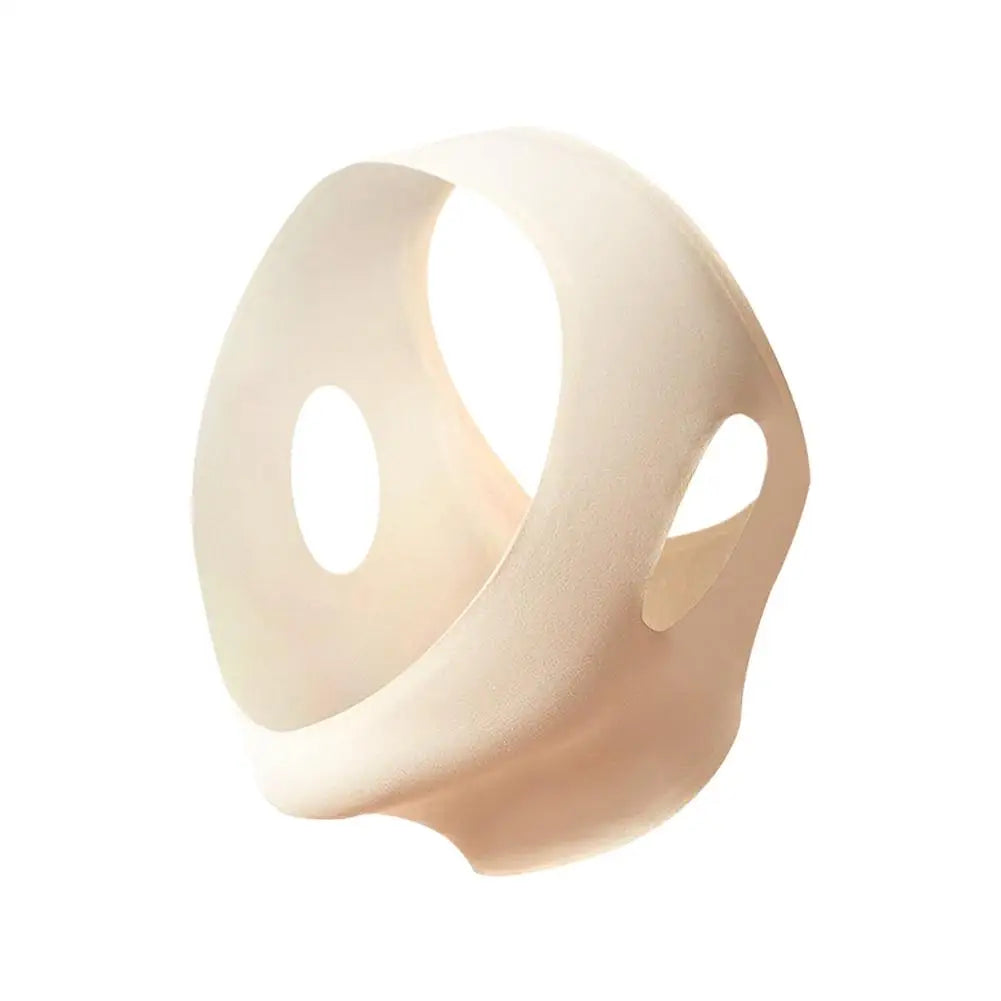 Beige, breathable V-line face slimming bandage with ear cutouts on a white background.