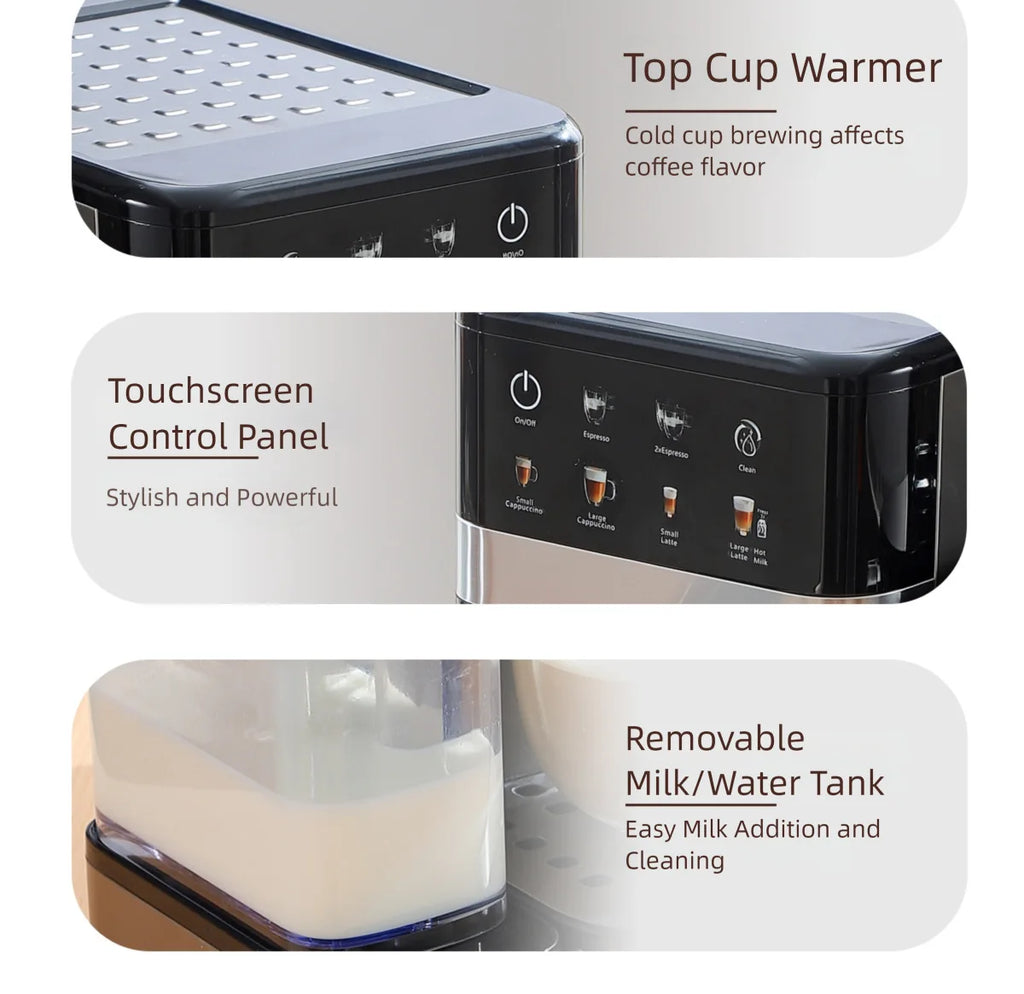 Black espresso machine features a cup warmer, touchscreen control panel, and removable milk tank for easy cleaning.