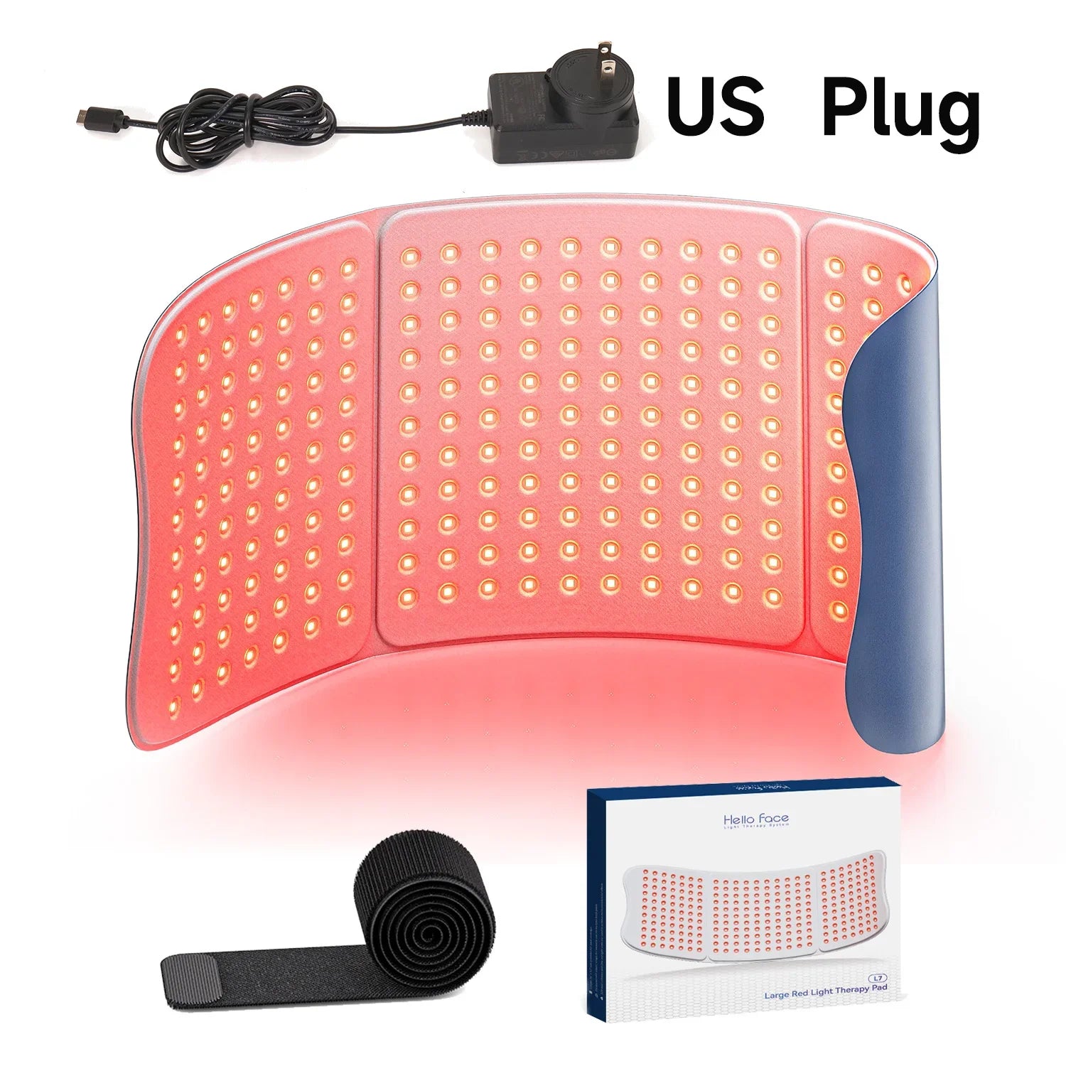 Large flexible red light therapy mat with 792 LEDs, US plug power cord, black Velcro strap, and product packaging box.