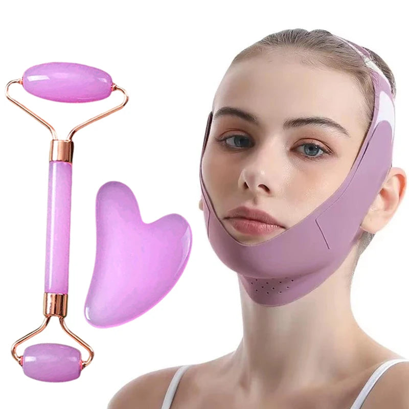 A purple V-shaped face mask, a dual-ended purple jade roller, and a heart-shaped gua sha tool for facial massage.