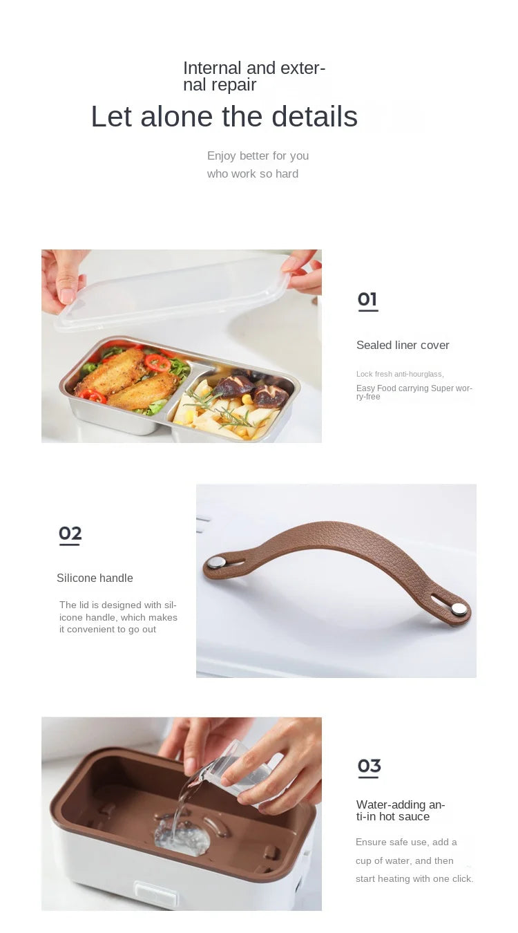 Electric heating lunch box with sealed inner container, silicone handle, and water tank view