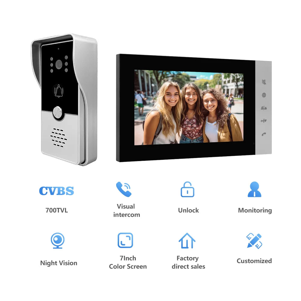 Video Intercom for Apartment Home 4-Wired IP65 Waterproof Color Night Doorbell Camera with Unlock,1~2 monitors Kit