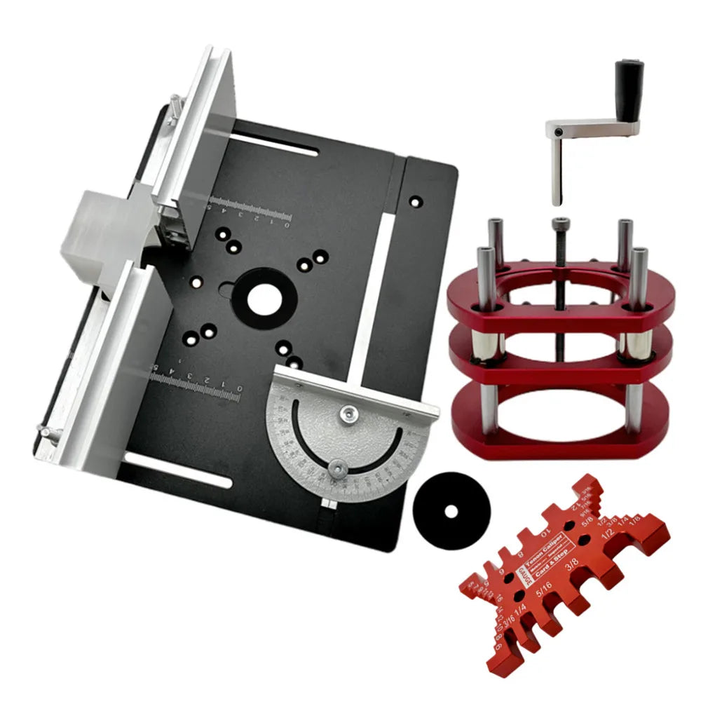 Black router alignment jig with rulers and circular scale, plus red lift clamp and gauge