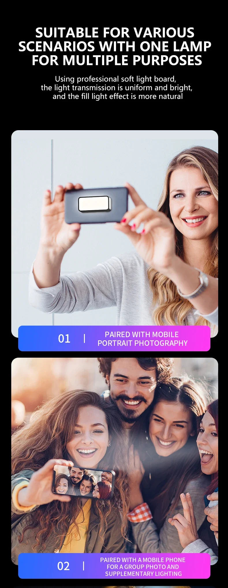 Small rectangular LED fill light attached to a smartphone for portrait and group photography.