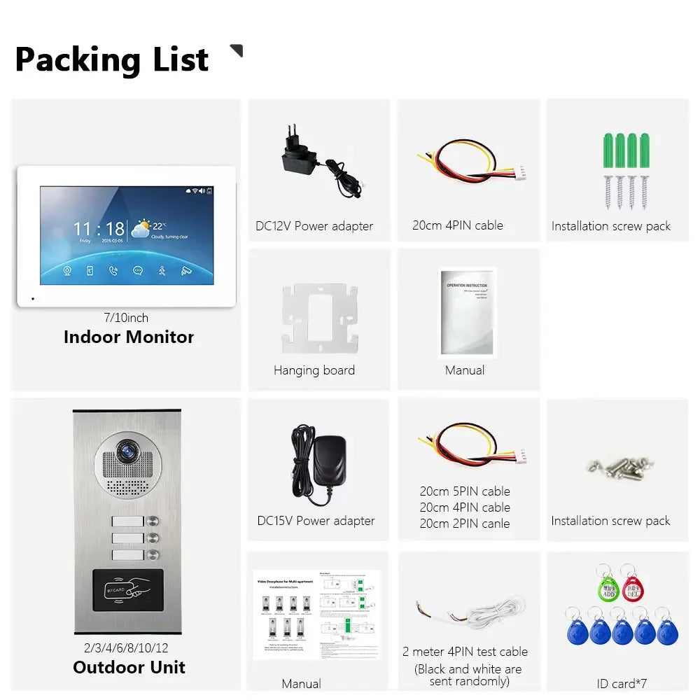 ANJIELO 7 Inch 1080P Tuya WiFi Video Door Phone 2‑4 Units Multi Apartment Intercom Remote Unlock Home Security Video Doorbell