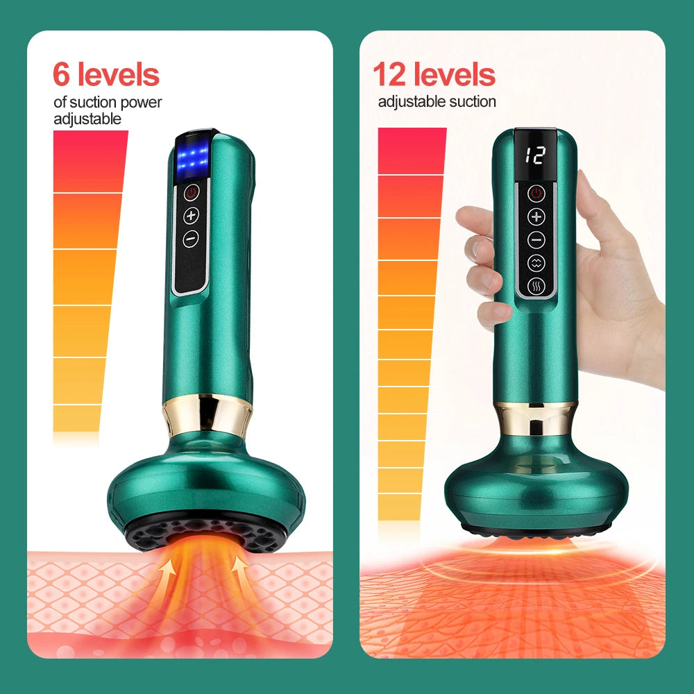 Green electric handheld vacuum cupping massager with heat, 6-12 adjustable suction levels for body slimming and GuaSha.