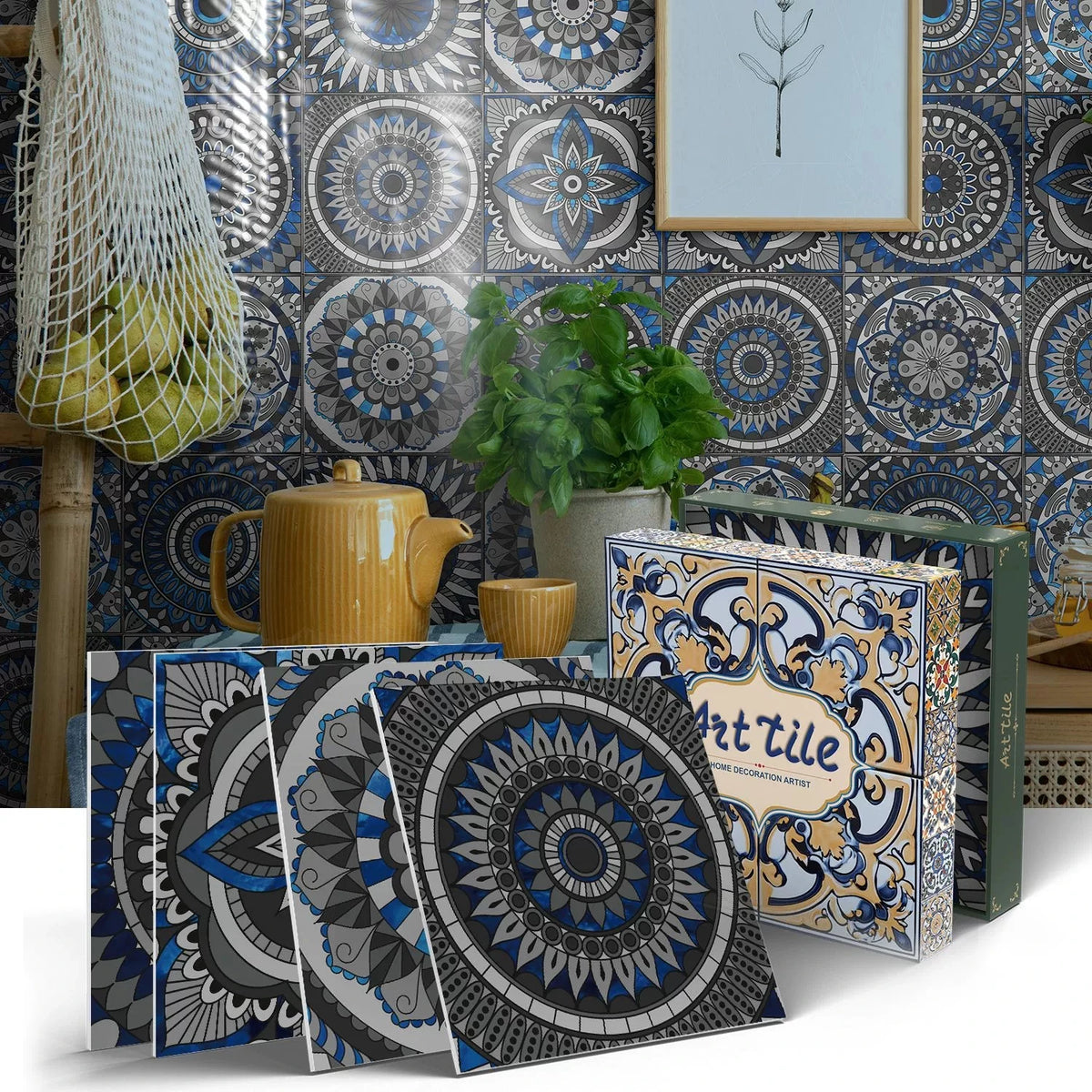 Mosaic tile sticker set, blue and gray circular pattern on square peel-and-stick tiles