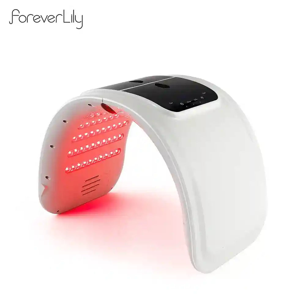White, arched LED light therapy facial device with a black control panel and glowing red interior lights.