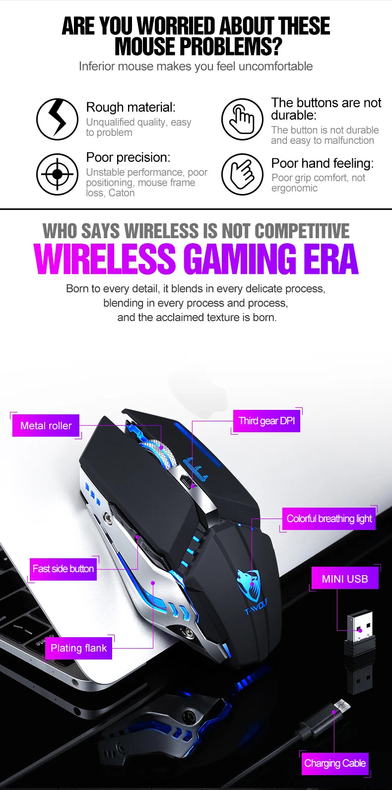 T-WOLF Thunderwolf Q15 Rechargeable Wireless Mouse RGB Glow Game Office Silent Laptop 2.4g Rechargeable Wireless Mouse