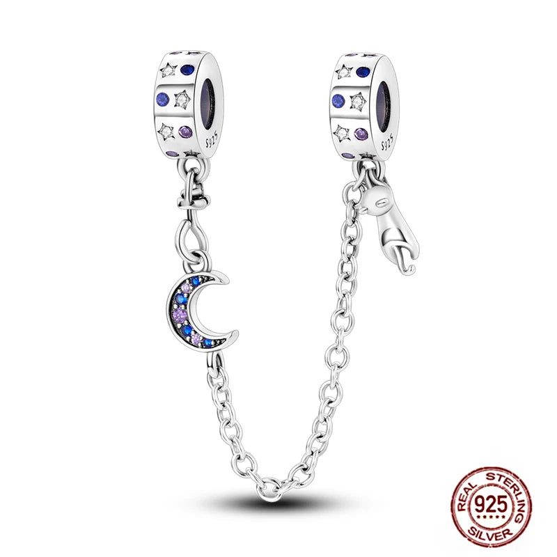 925 sterling silver cat and moon safety chain charm for pet lovers, perfect for DIY charm bracelets and gifts.