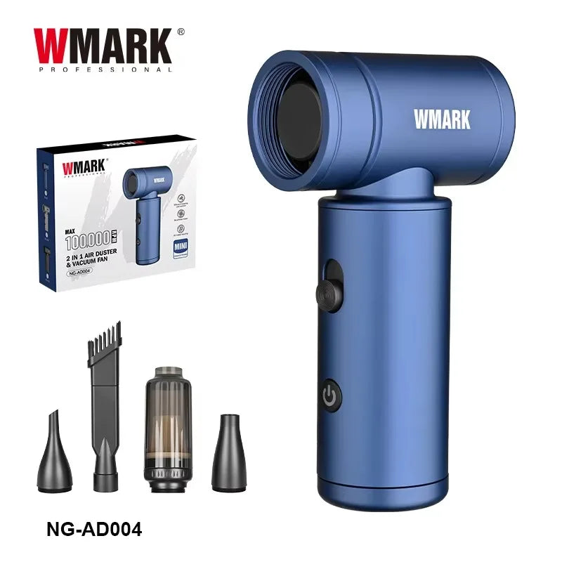 WMARK NG-AD004 blue 100k RPM handheld air duster and vacuum with versatile cleaning attachments for home gadgets.