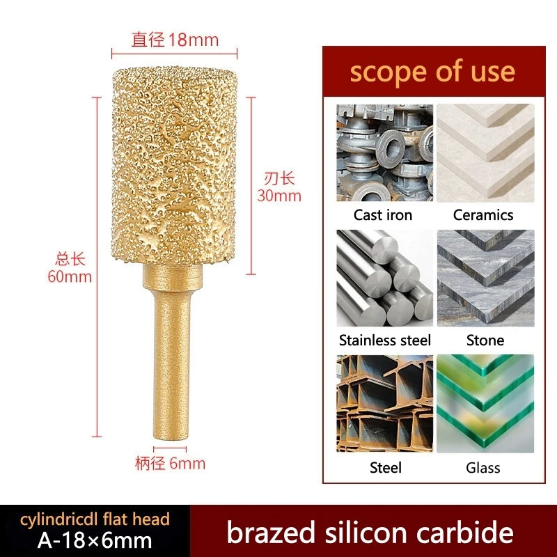 Brazed silicon carbide cylindrical flat head, 18mm diameter, 6mm shank