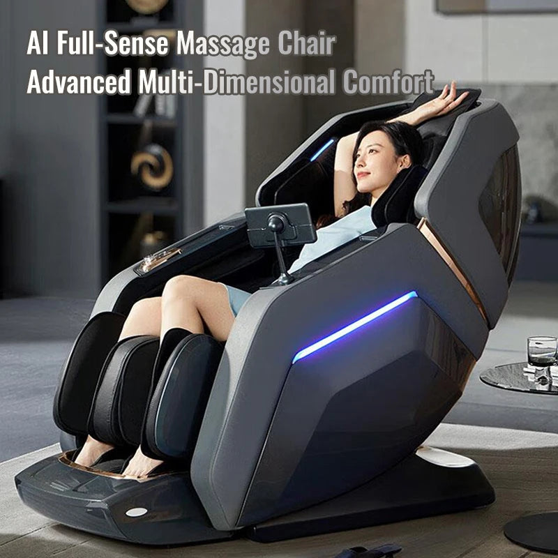 Woman reclining in a dark grey, futuristic zero-gravity massage chair with blue LED lighting and a mounted tablet.