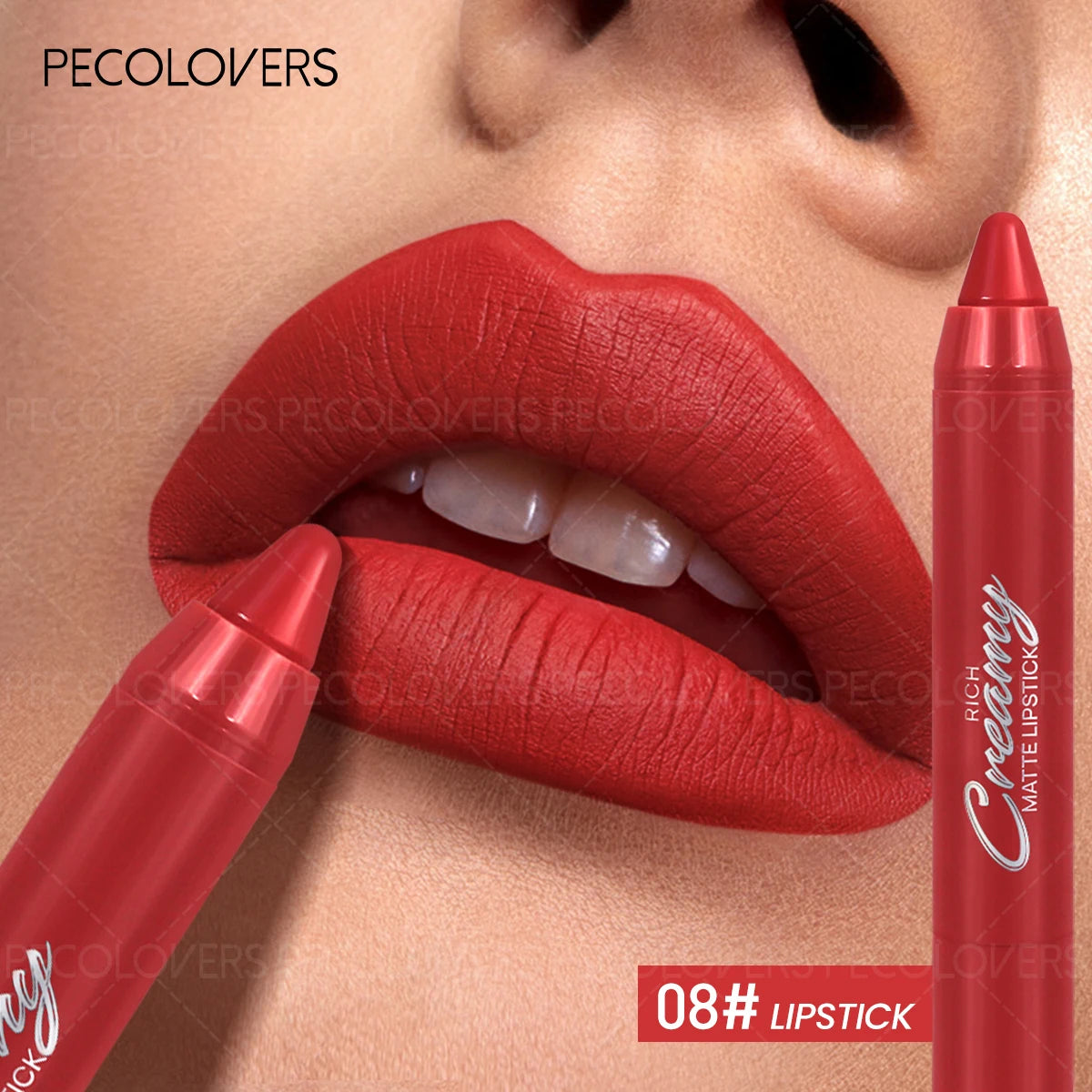 Soft matte red lip crayon pencil, moisturizing creamy lipstick for long-lasting, vibrant everyday lip makeup.