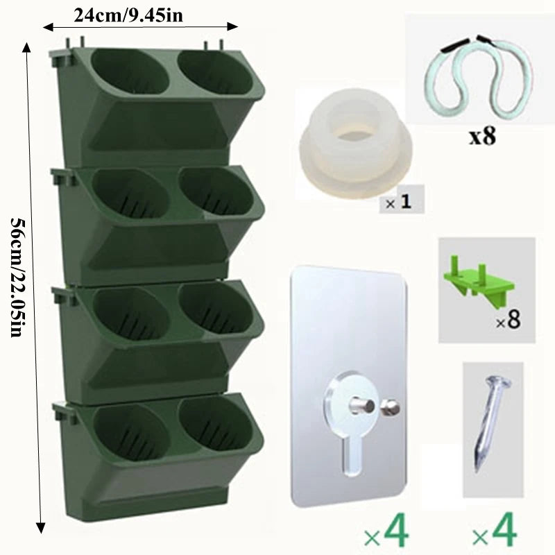 Army-green stackable wall planter with oval planting cups, mounting accessories included
