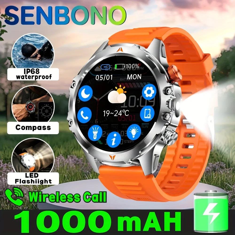 SENBONO Men's Smart Watch Amoled Display Bluetooth Call 1000mAh Compass Led Light IP68 Waterproof Sport Smartwatch For Men