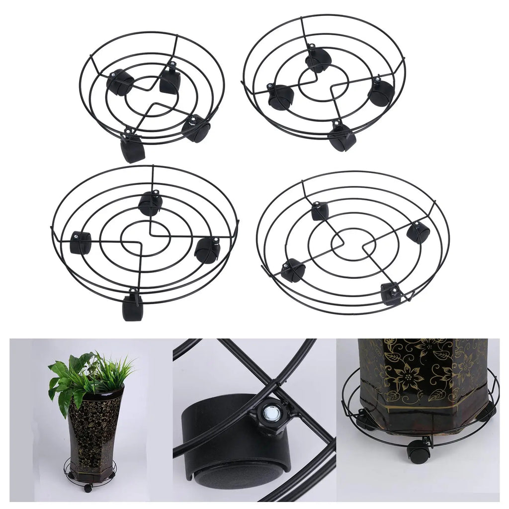 Black metal plant trolley stand with spiral wire rings and four swivel caster wheels