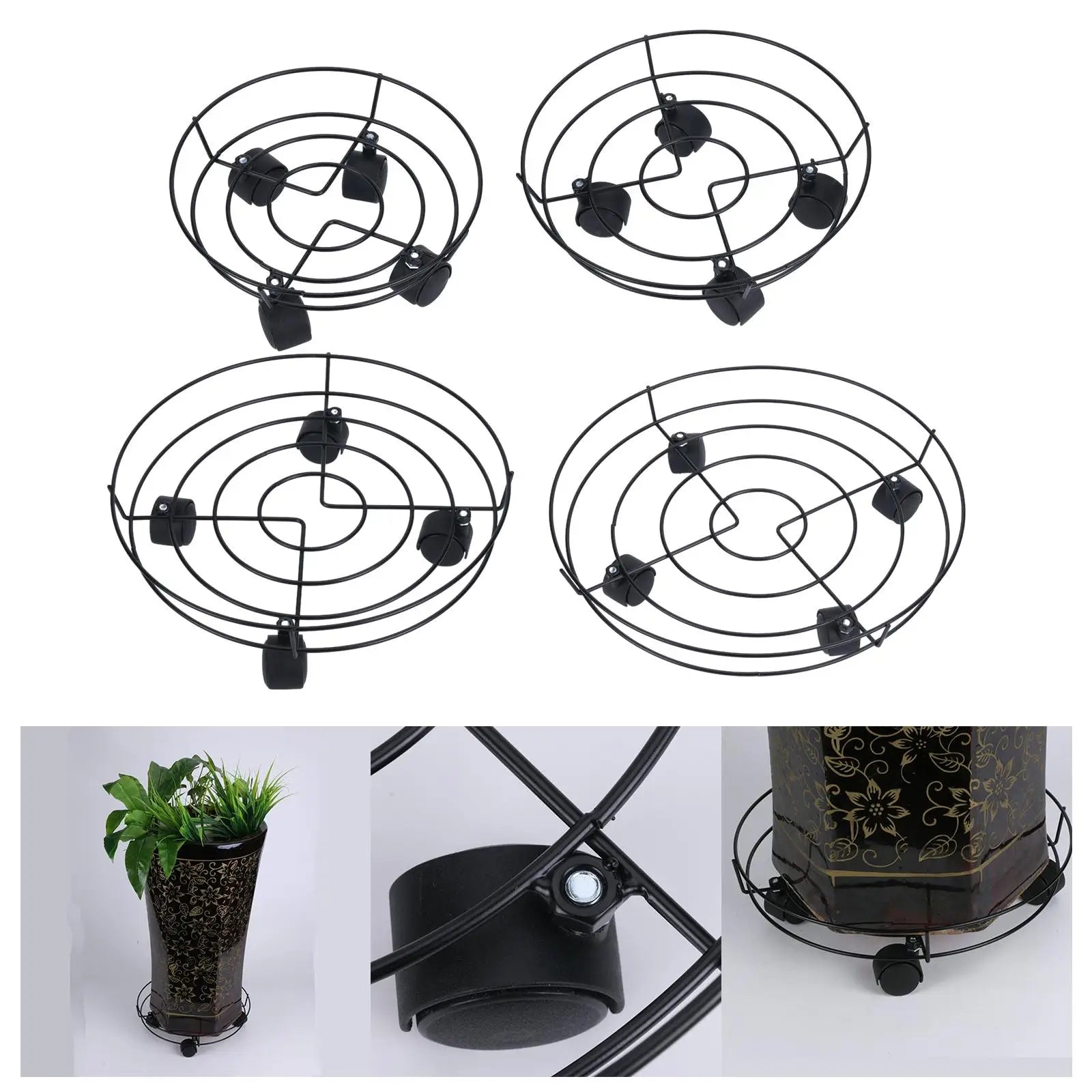 Black metal plant trolley stand with spiral wire rings and four swivel caster wheels