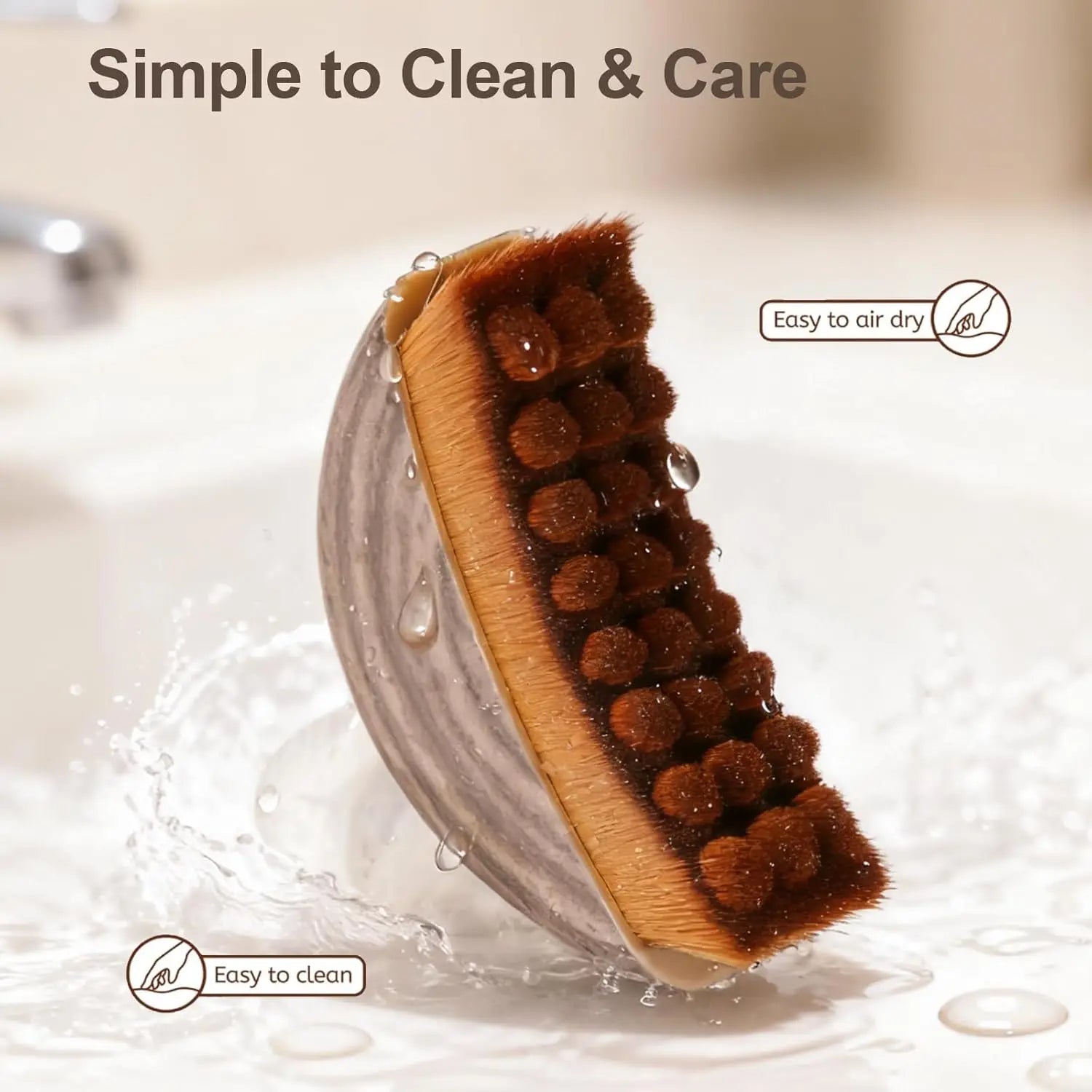 A grey, shell-shaped facial brush with brown, textured bristles being rinsed in water. Text reads "Easy to clean/dry."