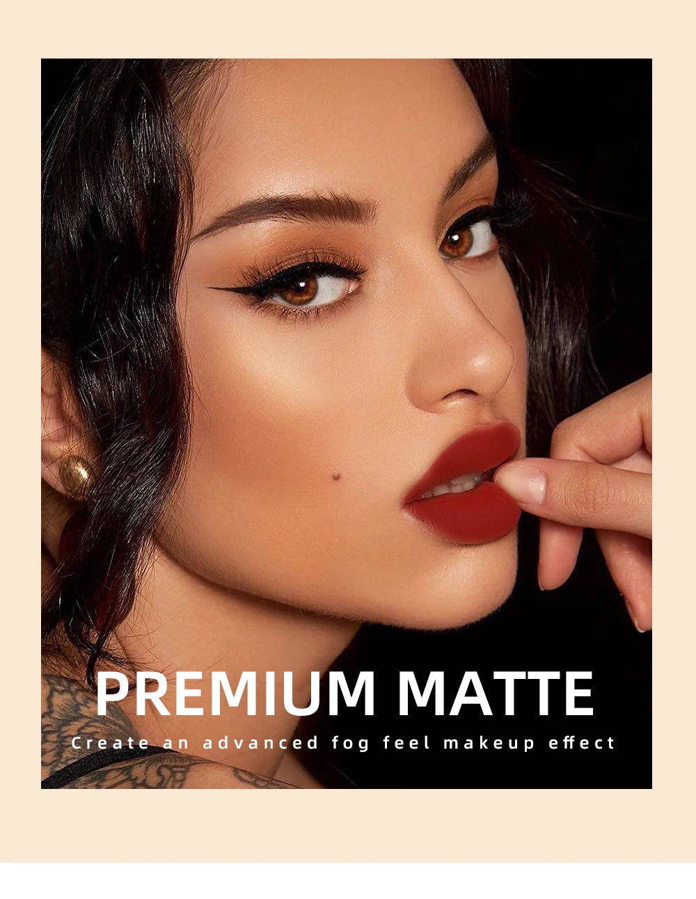 Woman wearing waterproof, long-lasting red matte liquid lipstick with a smooth, velvet, nonstick finish.