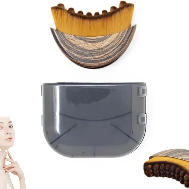 Soft fiber lymphatic facial massage brush with wood-grain handle and protective case for contouring and puffiness.
