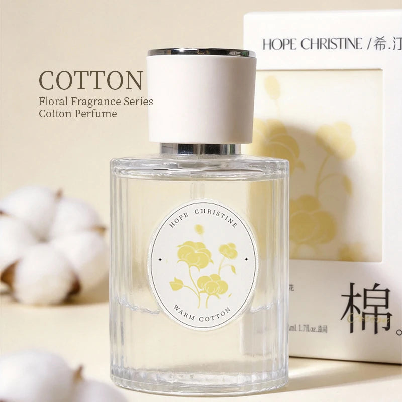 Hope Christine Warm Cotton unisex perfume: a fresh, floral, long-lasting niche fragrance in a ribbed glass bottle.