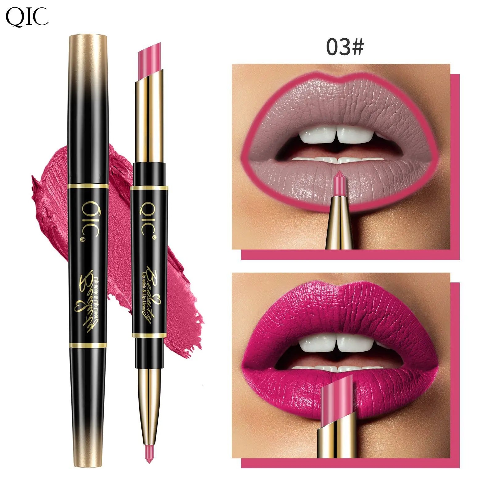 2-in-1 waterproof matte lipstick and lip liner pencil in pink and nude shades for long-lasting lip makeup.