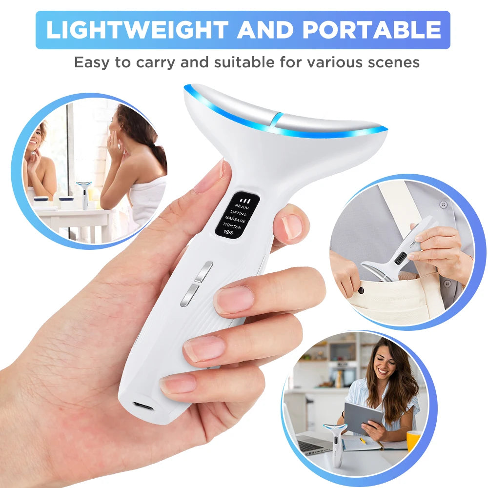 White portable EMS face and neck massager with T-shaped head, blue LED light, and digital control panel.