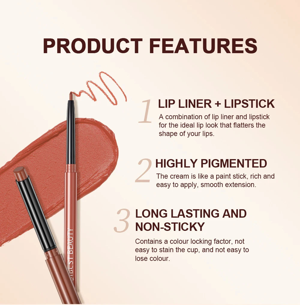 QIBEST matte nude lip liner and lipstick pencil set with waterproof, long-lasting, highly pigmented terracotta color.