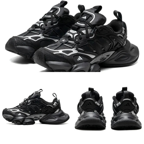 Adidas XLG Runner black sneakers with silver accents, chunky cushioned sole, and breathable mesh and synthetic upper.