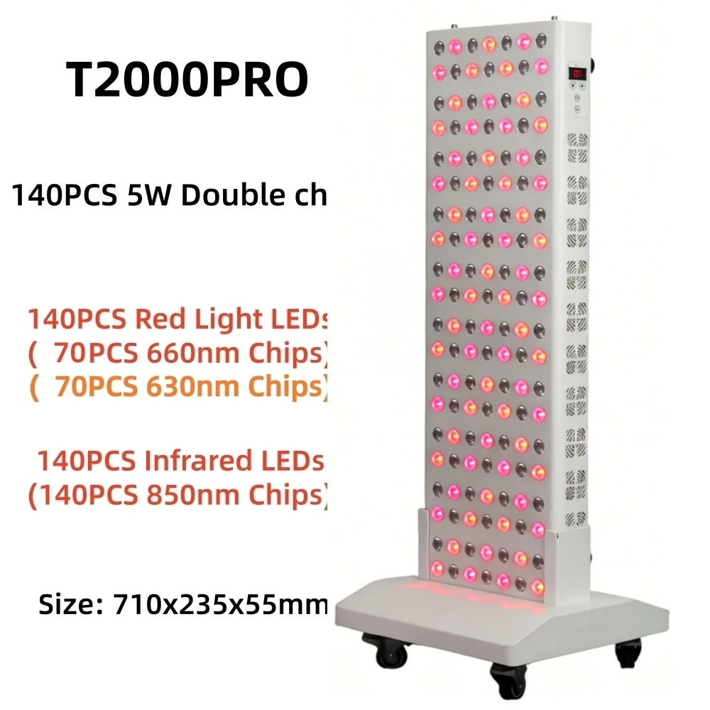 T2000PRO red light therapy panel with 660nm, 630nm, and 850nm LED chips for home anti-aging and pain relief on a stand.