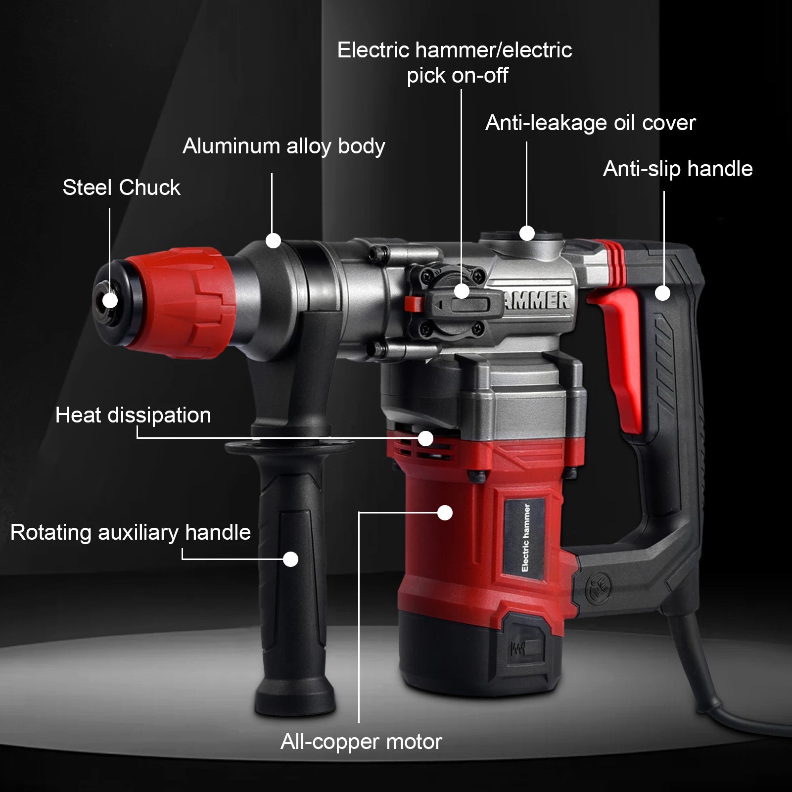 Hammer Drill, 2000W Electric Power Drill for Concrete with Safety Clutch, Vibration Control, 3 Modes Heavy Duty Concrete Tools, Includes Bits, Flat/Point Chisels Set With Case