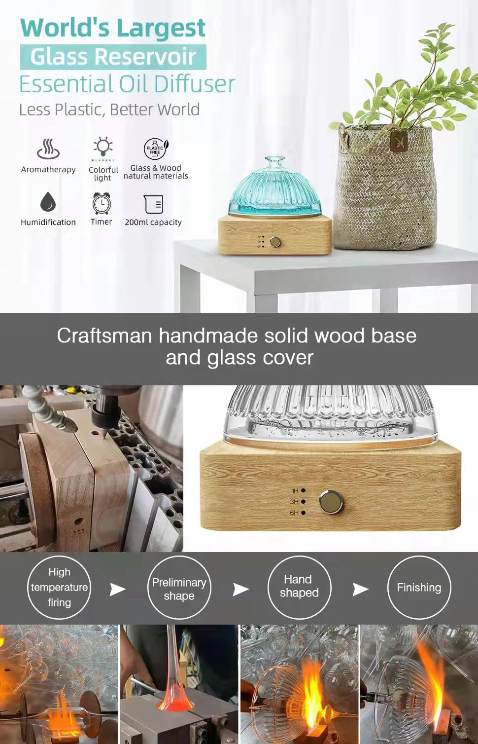 Glass Essential Oil Diffuser Wood Base Glass 200ml Ultrasonic Aroma Diffusers With Timer Waterless Auto Off For Home Office