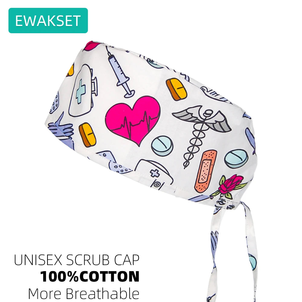 Adjustable 100% cotton unisex scrub cap for vet, dental, and nursing professionals with medical print and sweatband.