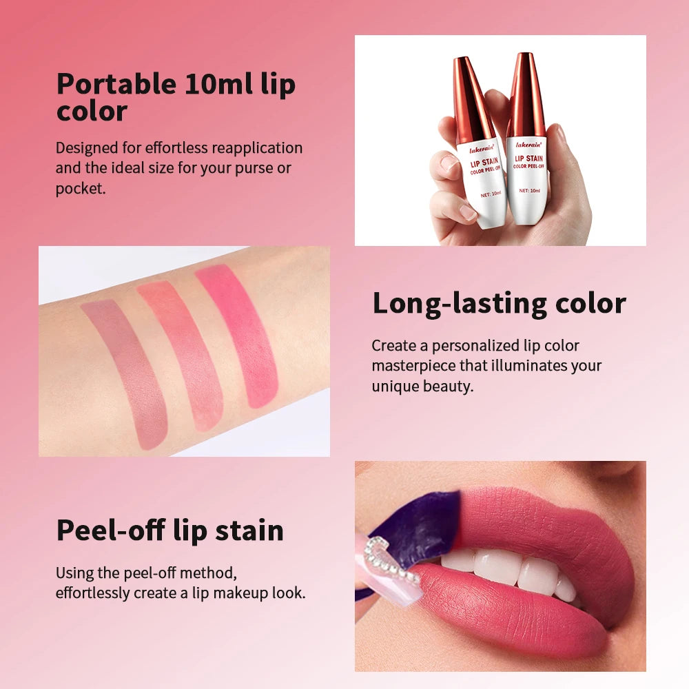 Lakerain waterproof peel-off lip stain with matte finish in various shades for long-lasting, vibrant lip makeup.