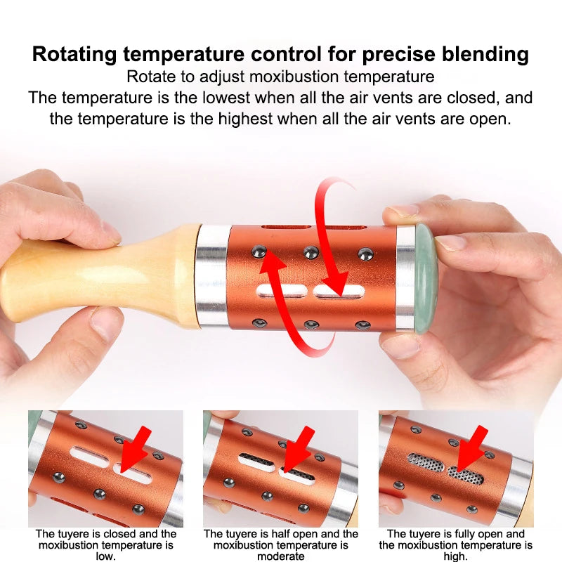 Hands holding a warm jade facial massage device with rotating air vents for adjustable hot compress moxibustion therapy.