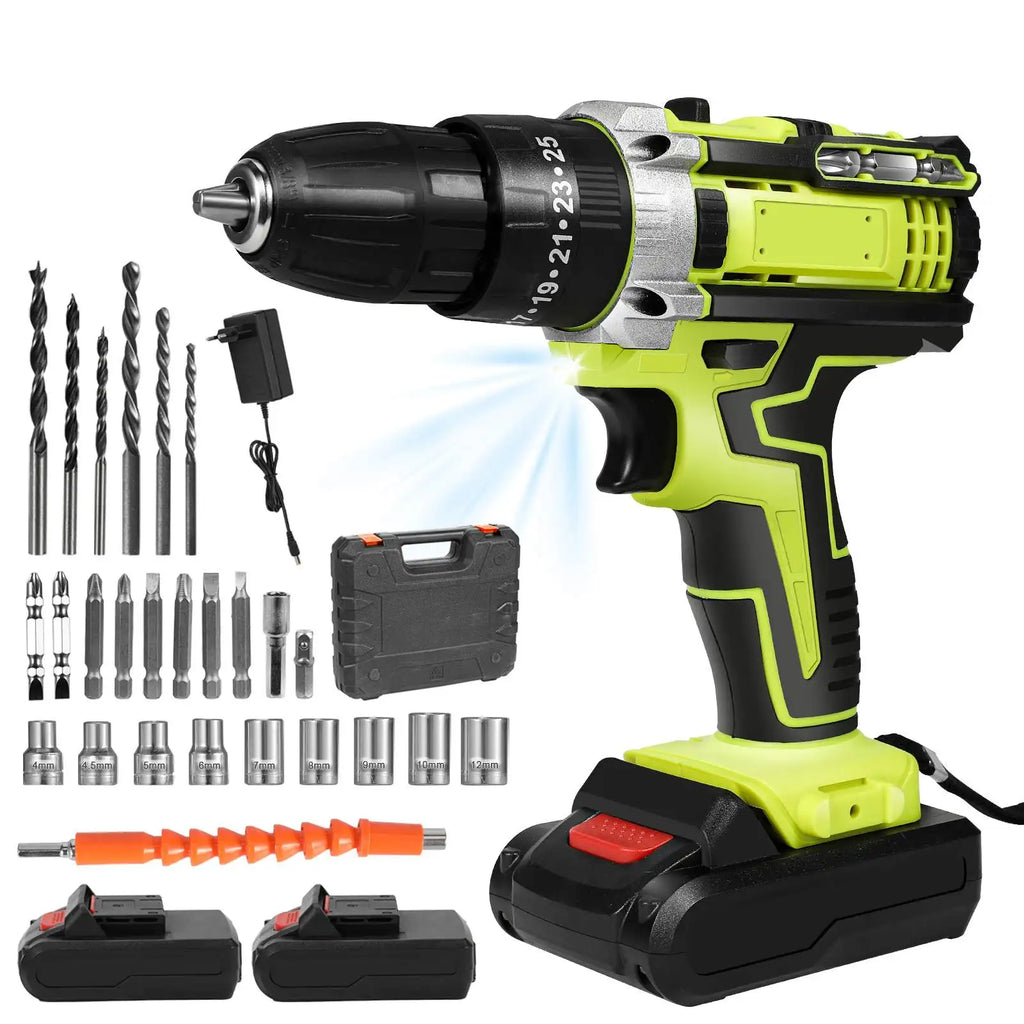 28V Cordless Impact Drill Screwdriver 1350rpm High Speed, Rechargeable Household Power Tool Complete with Matching Drill Bits Set