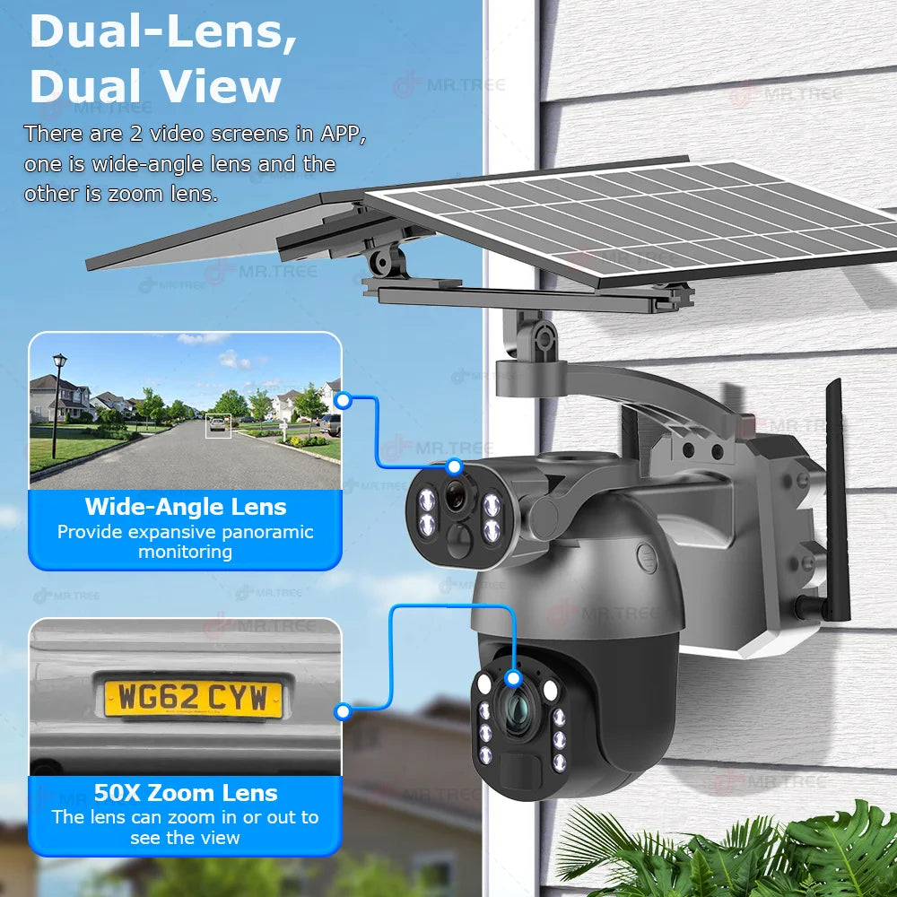 4K 50X Optical Zoom Solar Camera 10MP Dual Lens Home Outdoor 4G Sim PTZ Surveillance WIFI Security AI Auto Tracking CCTV IP Cam