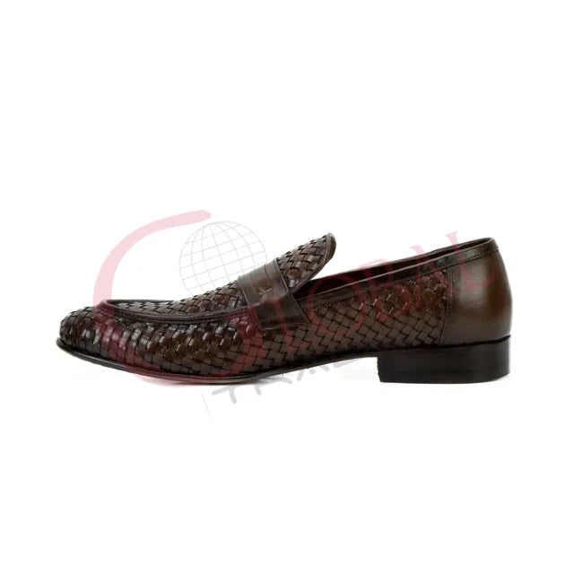 Men Woven Leather Penny Loafers Slip On Dress Shoes Luxury Handmade Formal Business Breathable Designer Fashion Footwear