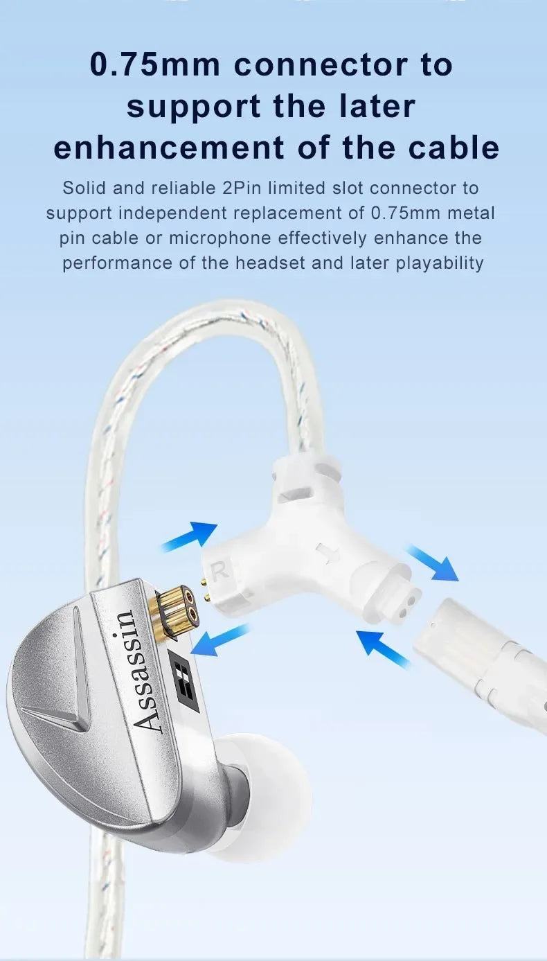 CVJ Assassin Silver in Ear Earphones 1BA+1DD+1Vibrate Game Mode HIFI Microphone Hybrid Tuning Switch Wired Earbuds IEM Headphone Tidesmit