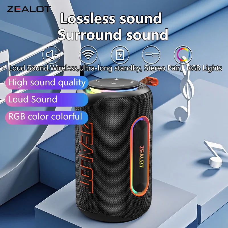 ZEALOT-MP1 60W Wireless Speakers,RGB Light,30 Hours Playtime,, Waterproof IPX 6,Wireless Speaker, Dual Pairing, 8000mAh Battery.