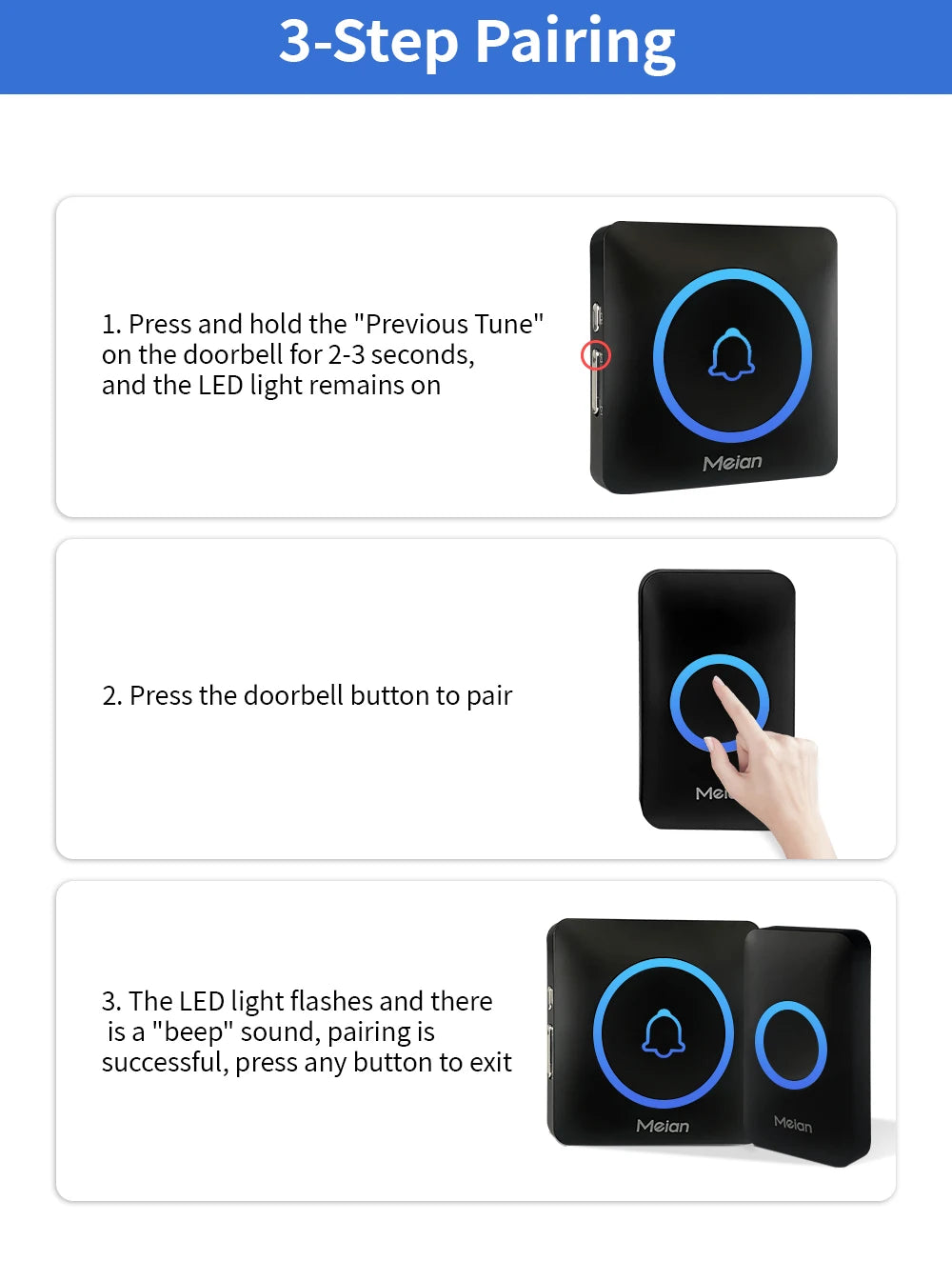 Meian IP65 Waterproof Wireless Doorbell Smart Home Outdoor Door Bell 60 Ringtone 5 Volume Adjustable LED Flash Smart Door Bell