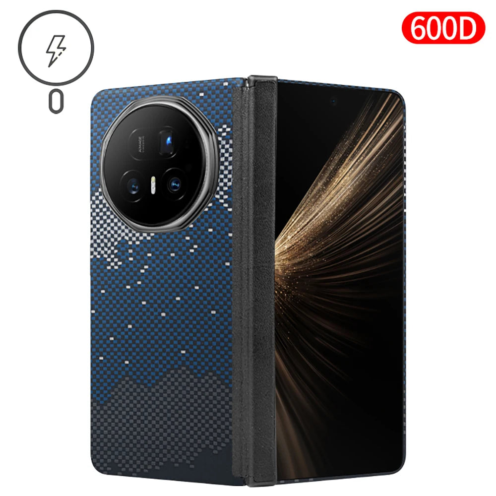 Blue and grey 600D aramid fiber flip case for a foldable phone, featuring a large circular camera cutout.